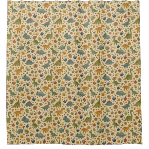 Classic Dino and Footprint Pattern in Earthy Tones Shower Curtain
