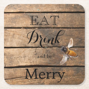 Classic distressed rustic barn wood honeybee square paper coaster