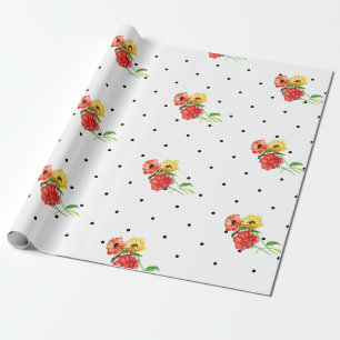 Classic Dots and Red Yellow Flowers Wrapping Paper