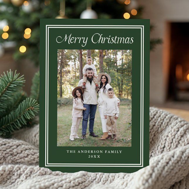Classic Double Border Frame Forest Green 2 Photo Holiday Card (Creator Uploaded)