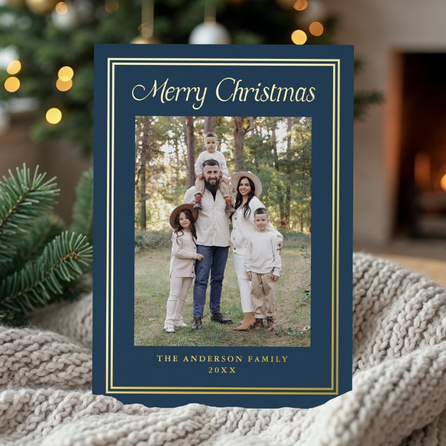 Classic Double Border Navy 2 Photo Foil Holiday Card (Creator Uploaded)