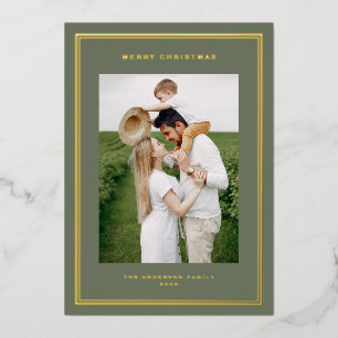 Classic Double Border Taupe Green Photo Christmas Foil Holiday Card