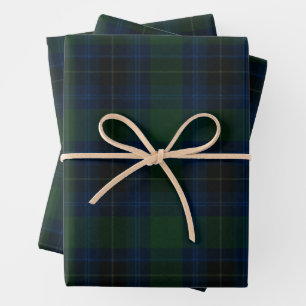 Classic Douglas Clan Tartan Green Navy Blue Plaid Wrapping Paper Sheet