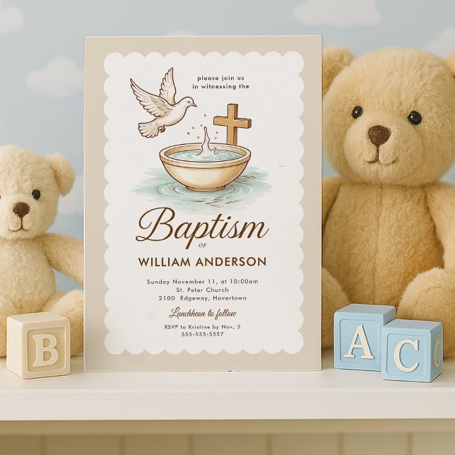 Classic Dove & Cross Scalloped Baptism Invitation (Timeless dove and cross invitation with teddy bears, perfect for Baptism)