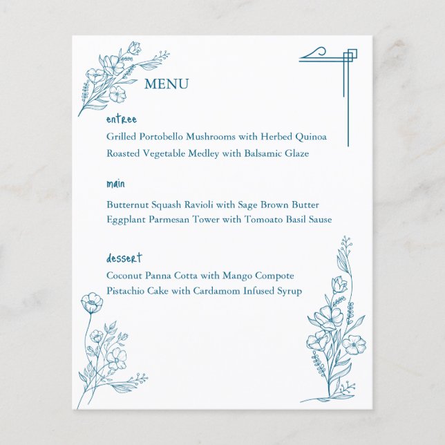 Classic Drawn Floral Ocean Blue Wedding Menu (Front)