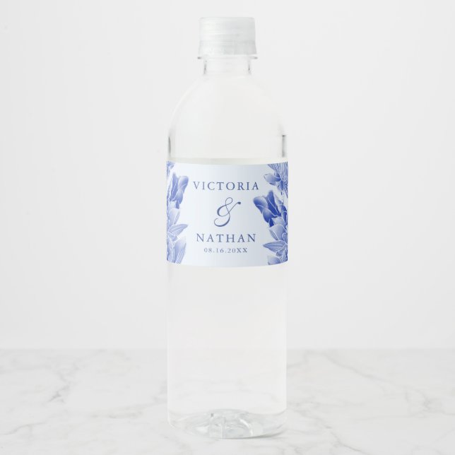 Classic Dusty Blue and White Floral Wedding  Water Bottle Label (Front)