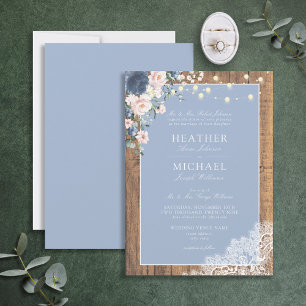 Classic Dusty Blue Blush Rustic Wood Lace Script Invitation