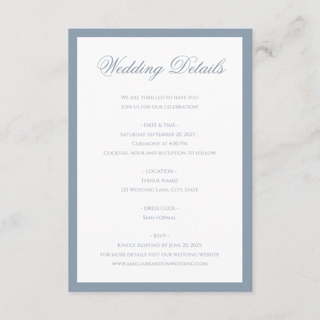 Classic Dusty Blue Border Script Wedding Details Enclosure Card (Front)