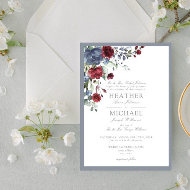 Classic Dusty Blue Burgundy Watercolor Floral Invitation (Creator Uploaded)