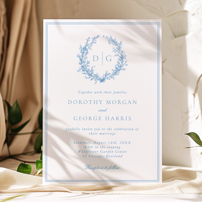 Classic Dusty Blue Crest Monogram Wedding Invitation (Creator Uploaded)
