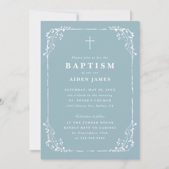 Classic Dusty Blue Dainty Floral Frame Baptism Invitation (Front)