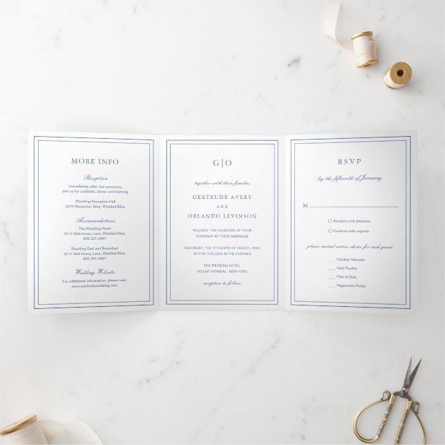 Classic Dusty Blue Elegant Wedding Tri-Fold Invitation (Inside)