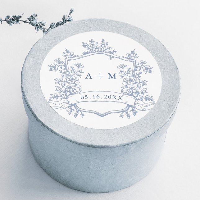 Classic Dusty Blue Floral Crest Monograms Classic Round Sticker (Creator Uploaded)