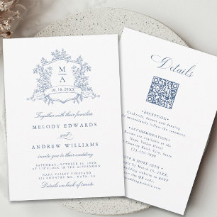 Classic Dusty Blue Floral Crest Wedding All in One Invitation
