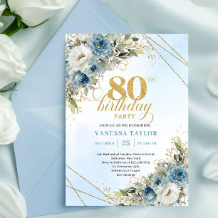 Classic Dusty Blue Floral Gold 80th Birthday Invit Invitation