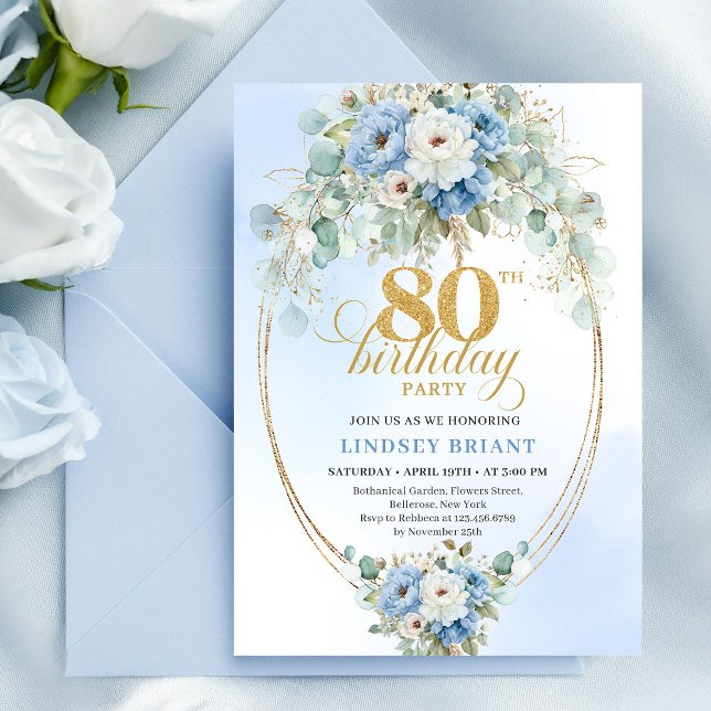 Classic Dusty Blue Floral Gold Frame 80th Birthday Invitation (Classic Dusty Blue Floral Gold Frame 80th Birthday Invite)