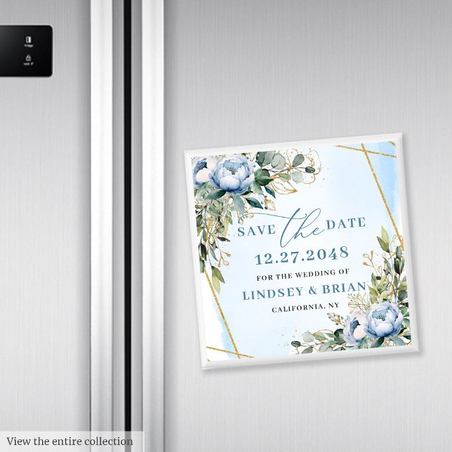 Classic Dusty Blue Floral Gold Frame Save the Date Magnet (Classic Dusty Blue Floral Gold Frame Save the Date)
