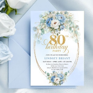 Classic Dusty Blue Floral Greenery 80th Birthday  Invitation