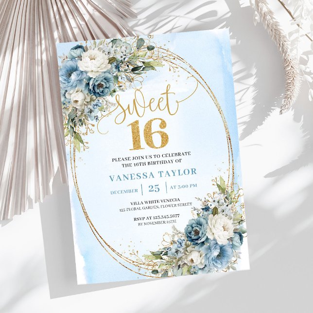 Classic Dusty Blue Floral Sweet 16th Birthday  Invitation (Classic Dusty Blue Floral Sweet 16th Birthday Invite)