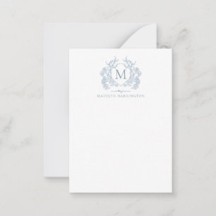 Classic Dusty Blue Floral Vintage Crest Monogram Card