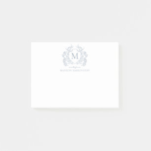 Classic Dusty Blue Floral Vintage Crest Monogram Post-it Notes