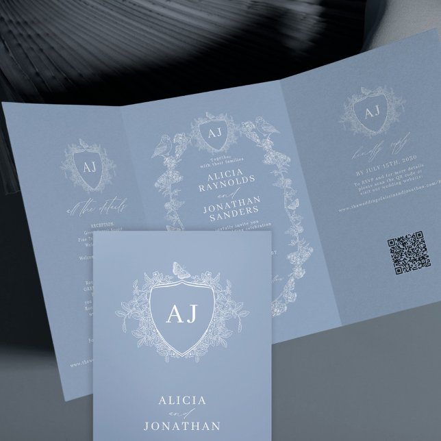 Classic dusty blue French floral QR code wedding Tri-Fold Invitation (Creator Uploaded)
