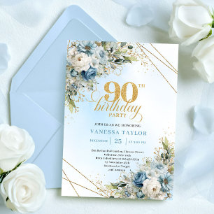 Classic Dusty Blue Gold Frame 90th Birthday Invite