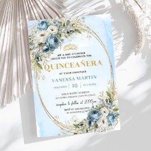 Classic Dusty Blue Gold Greenery Quinceañera Invitation
