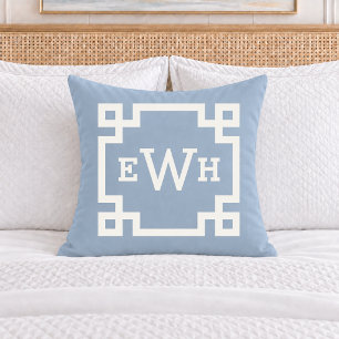 Classic Dusty Blue Greek Key Monogram Initial Cushion