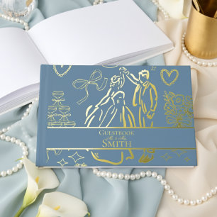 Classic Dusty Blue Hand Drawn Wedding Sketch Art  Guest Book