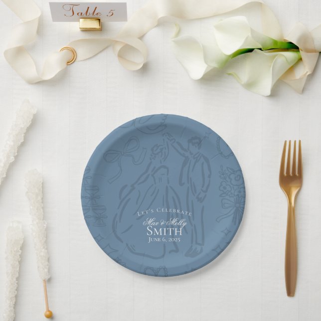Classic Dusty Blue Hand Drawn Wedding Sketch Art  Paper Plate (Wedding)