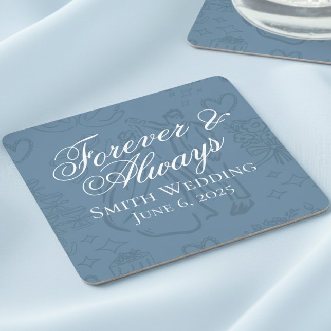 Classic Dusty Blue Hand Drawn Wedding Sketch Art  Square Paper Coaster (Celebrate your special day with these classic dusty blue coaster favors!)