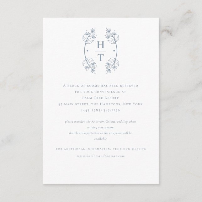 Classic Dusty Blue Monogram Crest Wedding  Enclosure Card (Front)