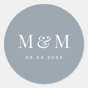 Classic Dusty Blue Monogram Typography Wedding Round Sticker