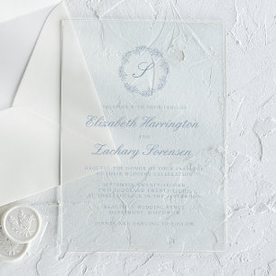 Classic Dusty Blue Monogram Wreath Script Wedding Acrylic Invitations