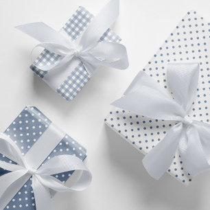 Classic Dusty Blue Polka Dots Gingham Pattern Mix Wrapping Paper Sheet