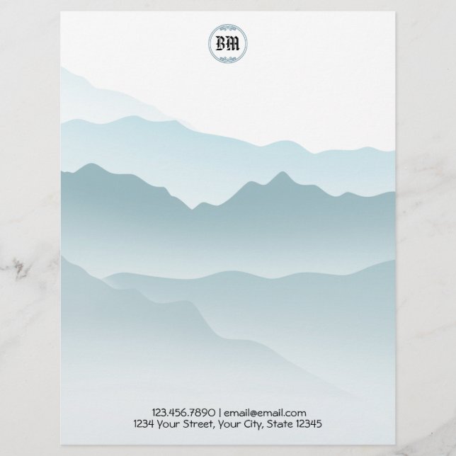 Classic Dusty Blue Rolling Mountains View  Custom Letterhead (Front)