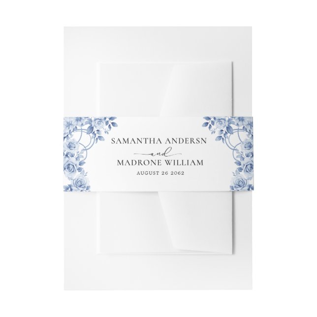 Classic Dusty Blue Rose Floral Wedding  Invitation Belly Band (Front Example)