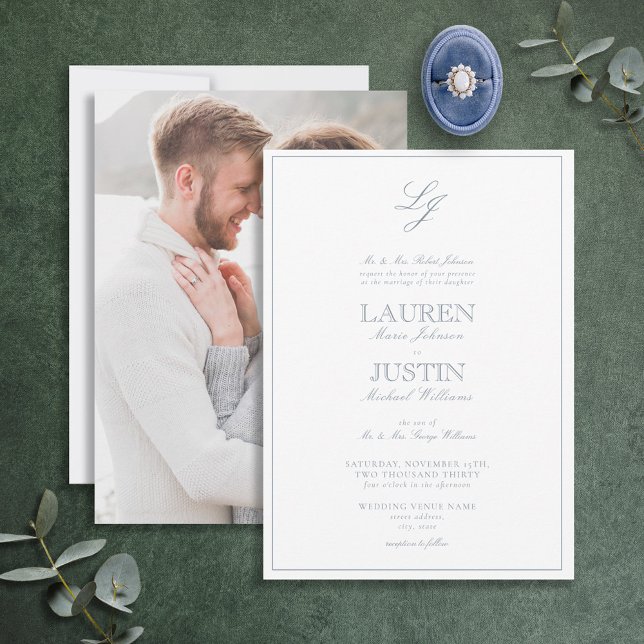 Classic Dusty Blue Script Monogram Photo Wedding Invitation (Creator Uploaded)