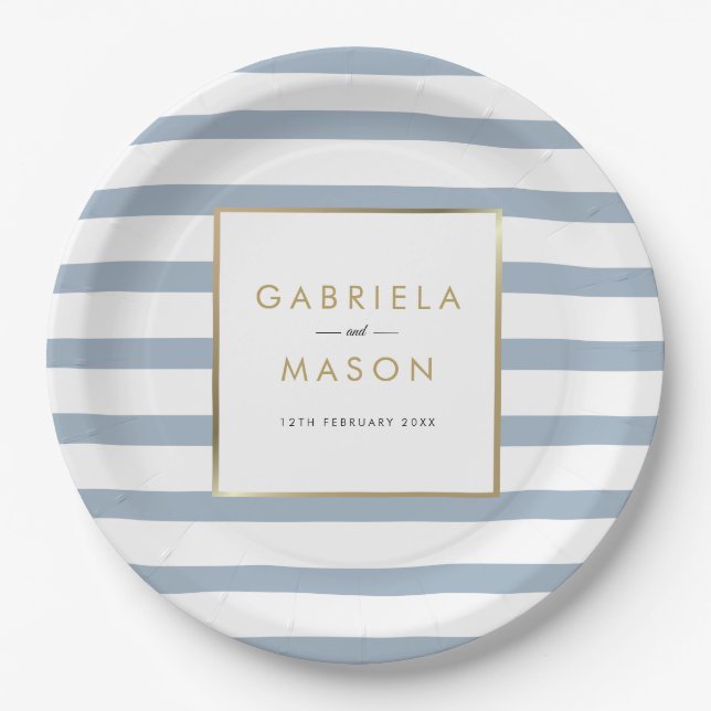 Classic Dusty Blue Stripe Faux Gold Foil Wedding Paper Plate (Front)