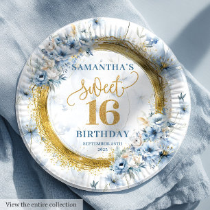 Classic Dusty Blue Sweet Sixteen Gold Glitter Paper Plate