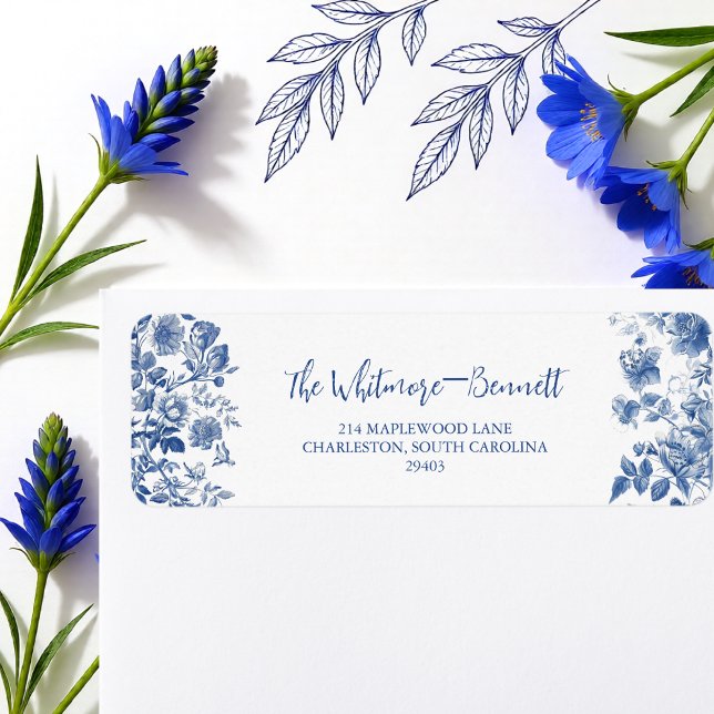 Classic Dusty Blue Toile Floral Wedding Return  (Classic Dusty Blue Toile Floral Wedding Return Label)