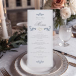 Classic Dusty Blue Wedding Menu<br><div class="desc">Create a refined and cohesive table setting with this vintage dusty blue classic wedding menu card. Featuring elegant ornamental scrollwork, soft dusty blue accents, and a romantic gold heart motif, this menu design perfectly complements a classic and formal wedding aesthetic. Ideal for elegant, traditional, and vintage-inspired weddings, this menu card...</div>