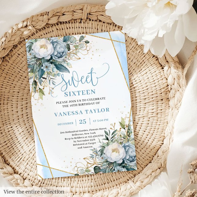 Classic dusty blue white floral sweet 16 invites (Classic dusty blue white floral sweet 16 invitation

)