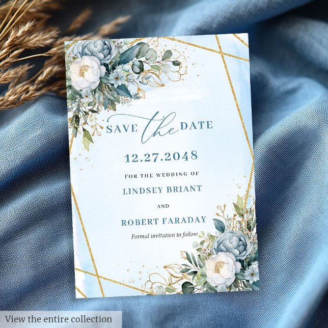 Classic Dusty Blue White Gold Floral Save The Date Invitation (Classic Dusty Blue White Gold Flowers Save The Date)