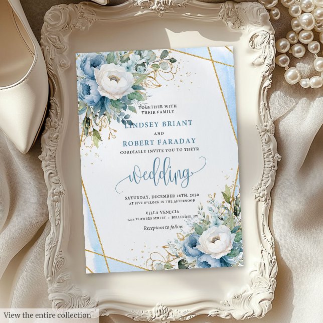 Classic Dusty Blue White Gold Flowers Invitation (Classic Dusty Blue White Gold Flowers Invitation)