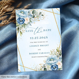 Classic Dusty Blue White Gold Peony Save The Date Invitation