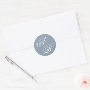 Classic Dusty Blue & White Monogram Script Wedding Round Sticker