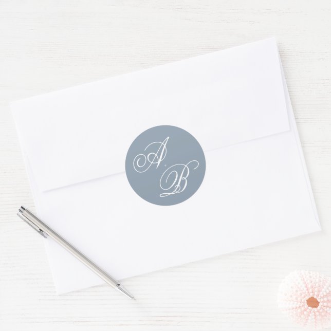 Classic Dusty Blue & White Monogram Script Wedding Round Sticker (Envelope)