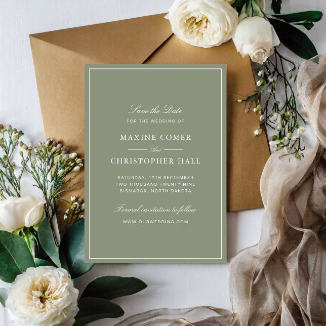 Classic Dusty Green Script Wedding Save The Date (Classic dusty green save the dates announce your wedding with timeless elegance and charm.)